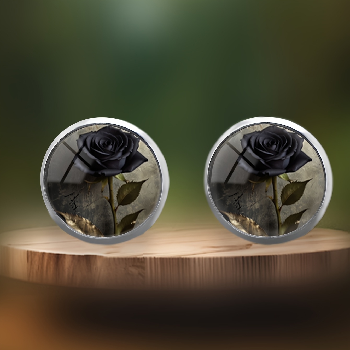 Dark Vintage Black Rose Pattern Round Stud Earrings, Gothic Style