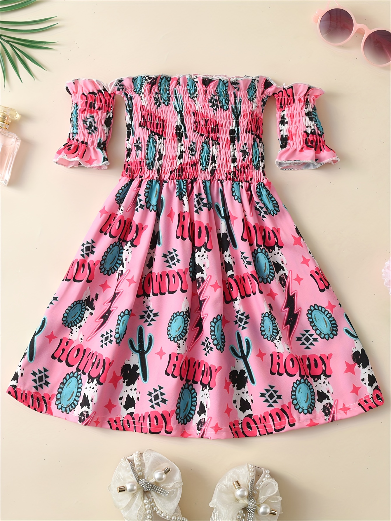 girls cute western style dress howdy print shoulder short Temu