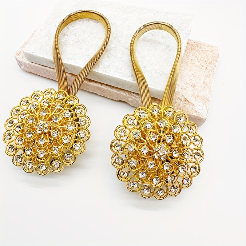 TEMU Lot de 2 attaches-rideaux magnétiques florales en avec strass, attaches et crochets pour rideaux - Aucun perçage , faciles à installer,