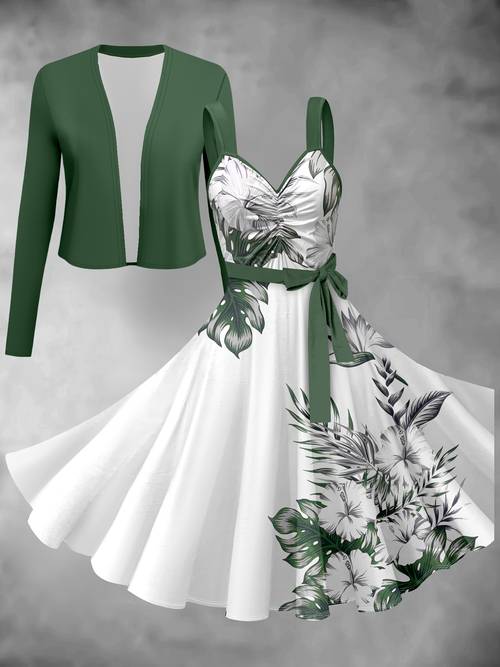 een modieuze damesjurk, een vestje gekoppeld aan een bloemenjurk met gelineerde taille, een elegante en retro tweedelige set.