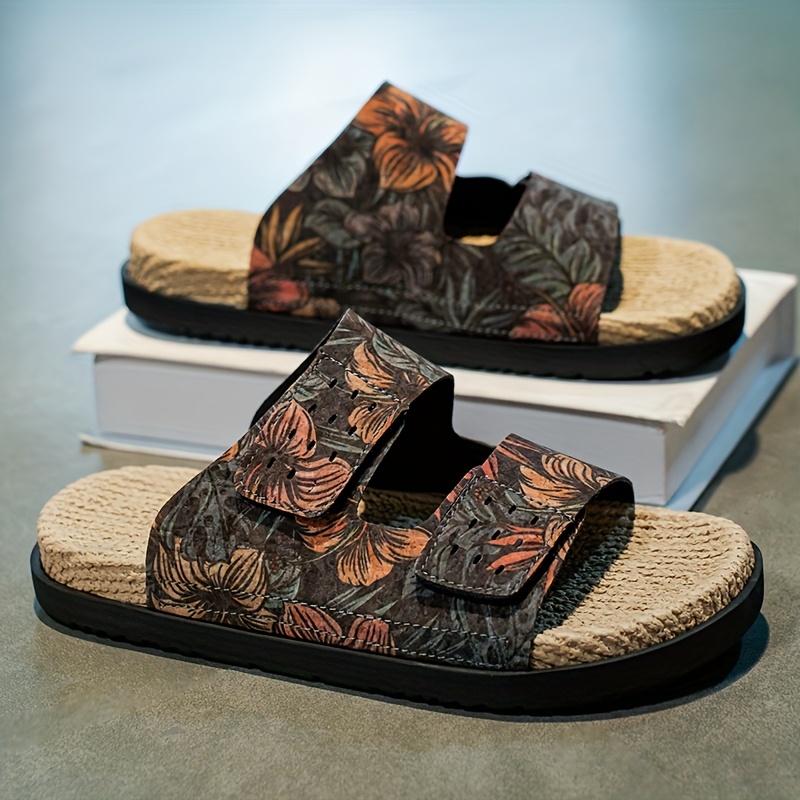mens slip on sandals tropical floral     dry pu upper cushioned eva insole non slip pvc sole for pool vacation casual outdoors slip resistant footwear brown   blue   white lightweight summer footwear for men poolside footwear stylish   durable trivet   slides trendy slides breathable slides   Product details 2