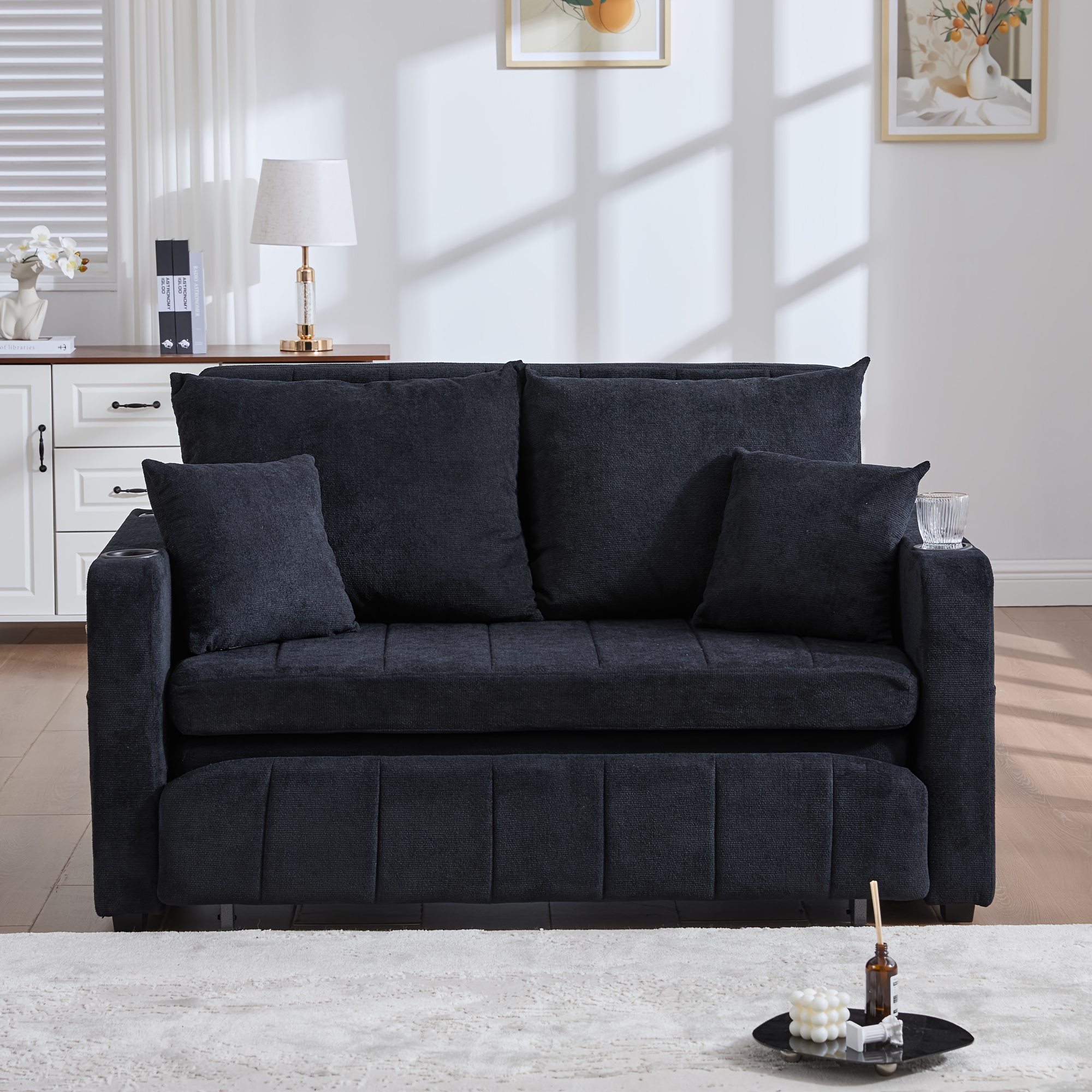 Large Pull-out Two-seater Sofa Bed With Cup Holders, Back And Decorative Cushions, And Storage Pockets, Grey Fabric, For The Living Room, Bedroom, Or Study