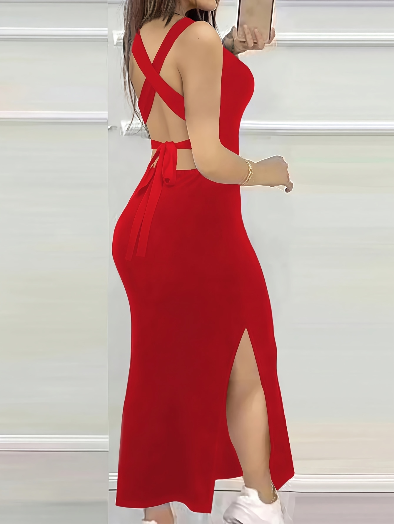 womens summer solid color backless cross strap dress