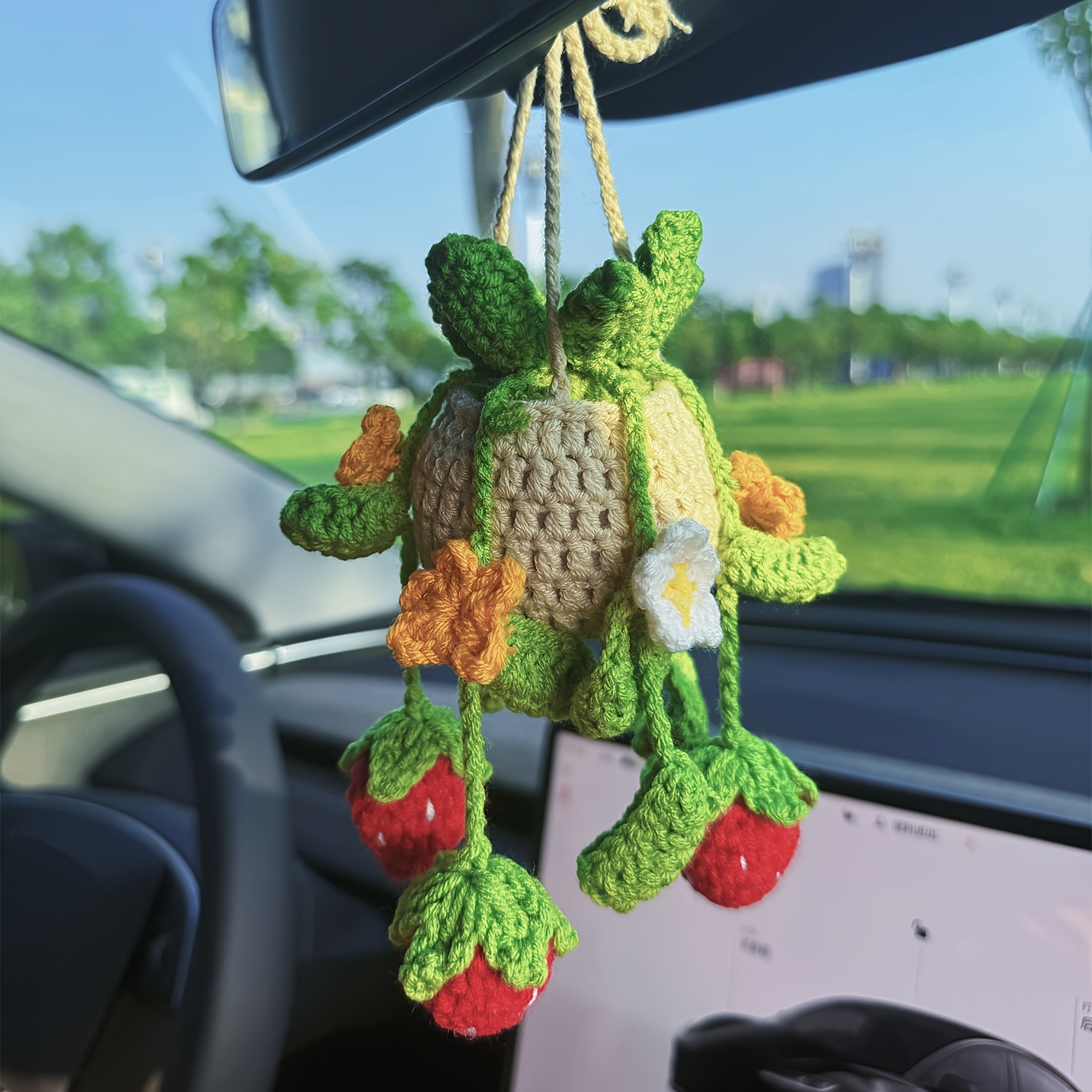 

Handmade Crochet Plant Car Hanging Ornament, Bohemian And Flower Interior Accessory, Cute Aesthetic Mirror Charm For Women' Decor