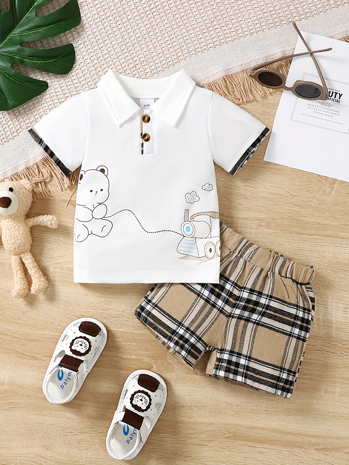 2pcs Kid Boy Animal Bear Embroidered Short-sleeve Tee and Elasticized Shorts Set