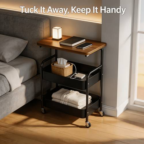 multifunctional storage cart with wooden tabletop and rolling function unique multi layered desktop organizer narrow side table with storage bedside table with wheels suitable for use room bedroom 2 colors