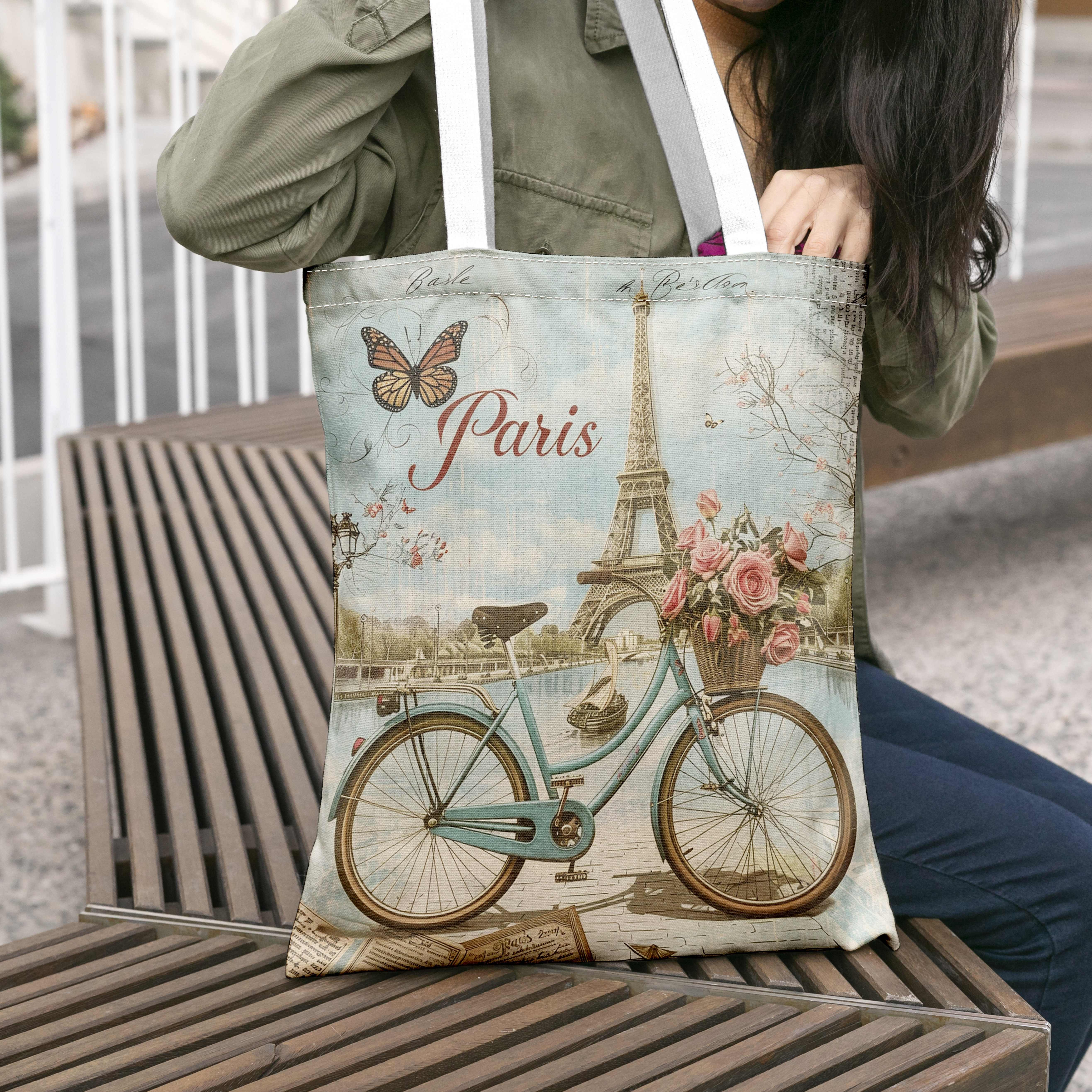 TEMU Borsa a spalla da donna con motivo a tema , bicicletta e rose, tour in bicicletta sotto Eiffel, borsa in tela spaziosa e adatta per passeggiate