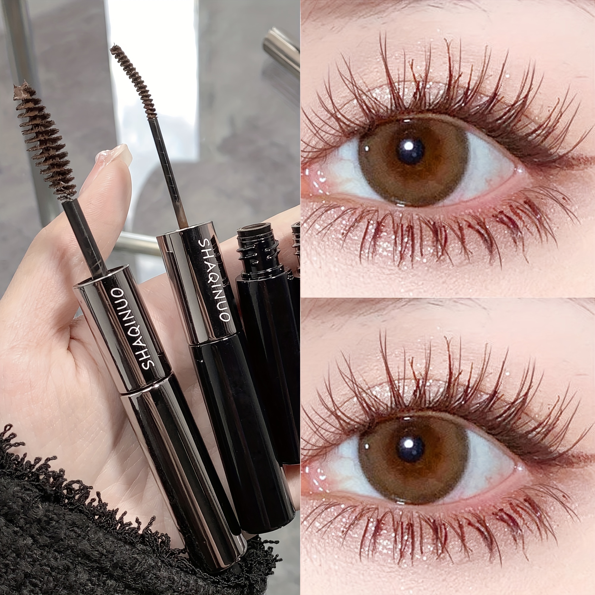 

1pc Brown Double-headed Mascara, Large Brush Head + Small Brush Head, Waterproof No Smudge Sweatproof No Clumping, Wispy Thick Curling Lengthening, Eye Cosmetics