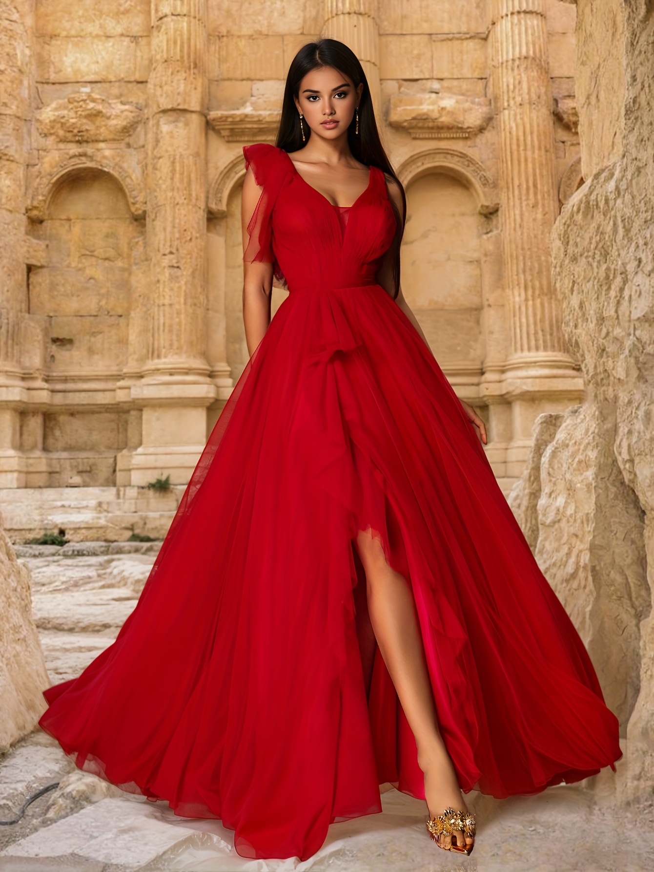 Robe de Soirée Femme à V, Élégante Robe de Fête avec Jupe Longue en  Tulle et Manches Volantées, Coupe A-Line Effilochée, Cei