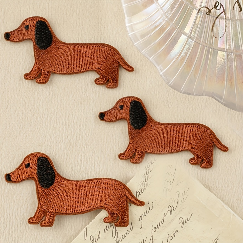 Image of 3pcs Cartoon Dachshund Pattern Fabric Embroidery Accessories, Iron-on Style Stitching Patches Suitable For Clothes, Bags, Shoes, Hats, Home Decor Stickers, Etc