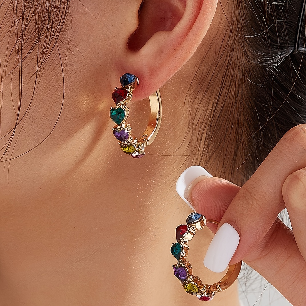 

1 Pair Of Elegant Rainbow Heart-shaped Hoop Earrings - Vibrant Gemstones In Golden-tone Alloy, , Quirky Earrings