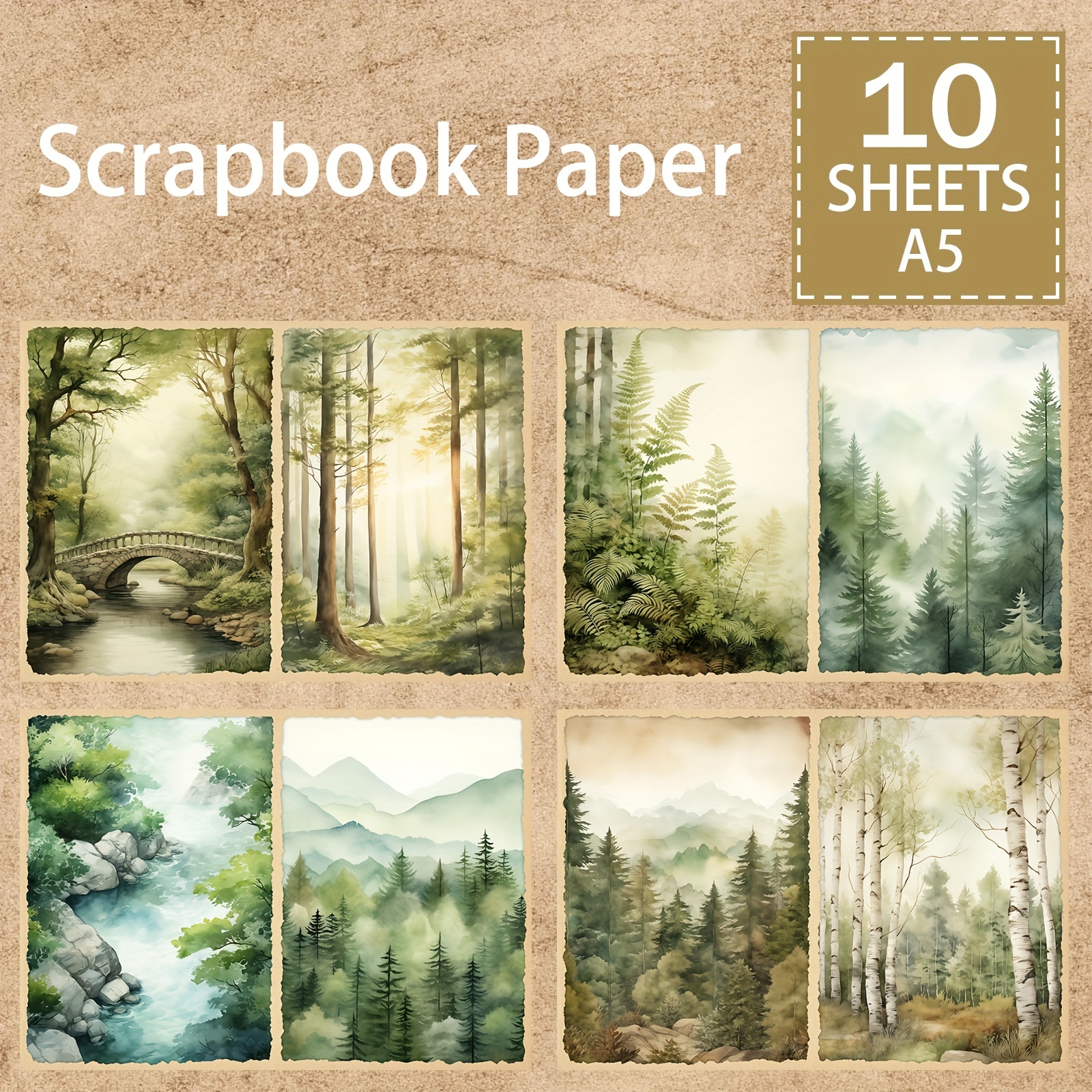 

Vintage Forest Landscape Scrapbook Paper Set - 10 Sheets A5, Artistic Nature Backgrounds For Diy Journals, Planners, Greeting Cards, Crafting & Decoupage