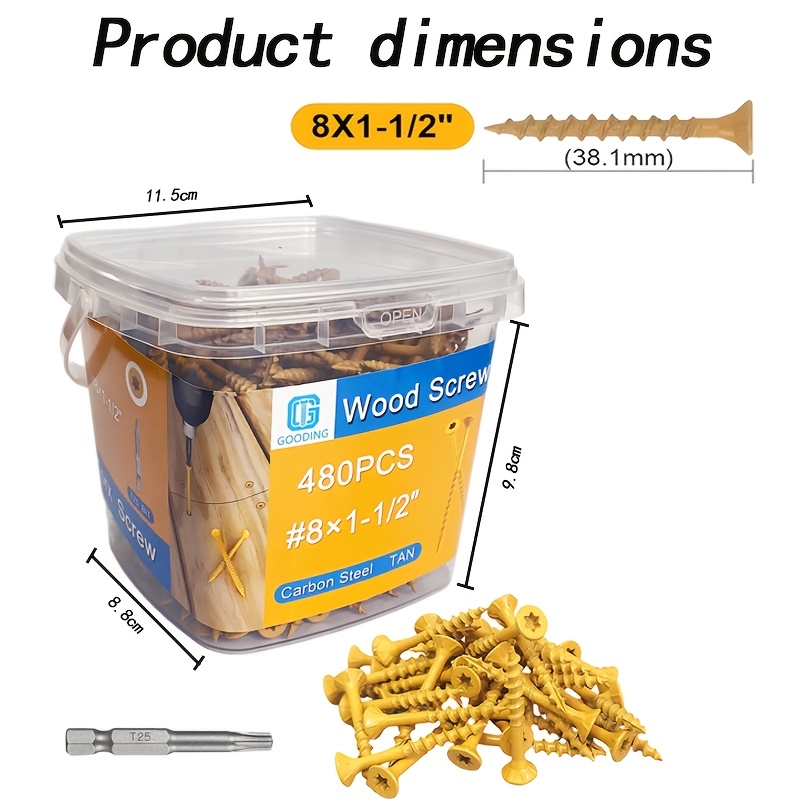 Image of 480pcs T25 Slot Head Self-tapping Wood Screws Exterior Screws, #8 X 1-1/2" Rust-resistant Exterior Screws, Yellow -plated - - Ideal For Wood Fastening