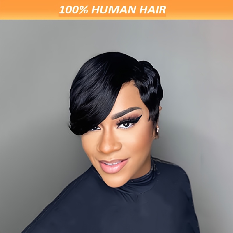 

1pc Women's Short Cut Human Hair Wig With Bangs - 8 Inch Straight Hair, 180% Density, Glueless Cap, Cosplay & Party Ready