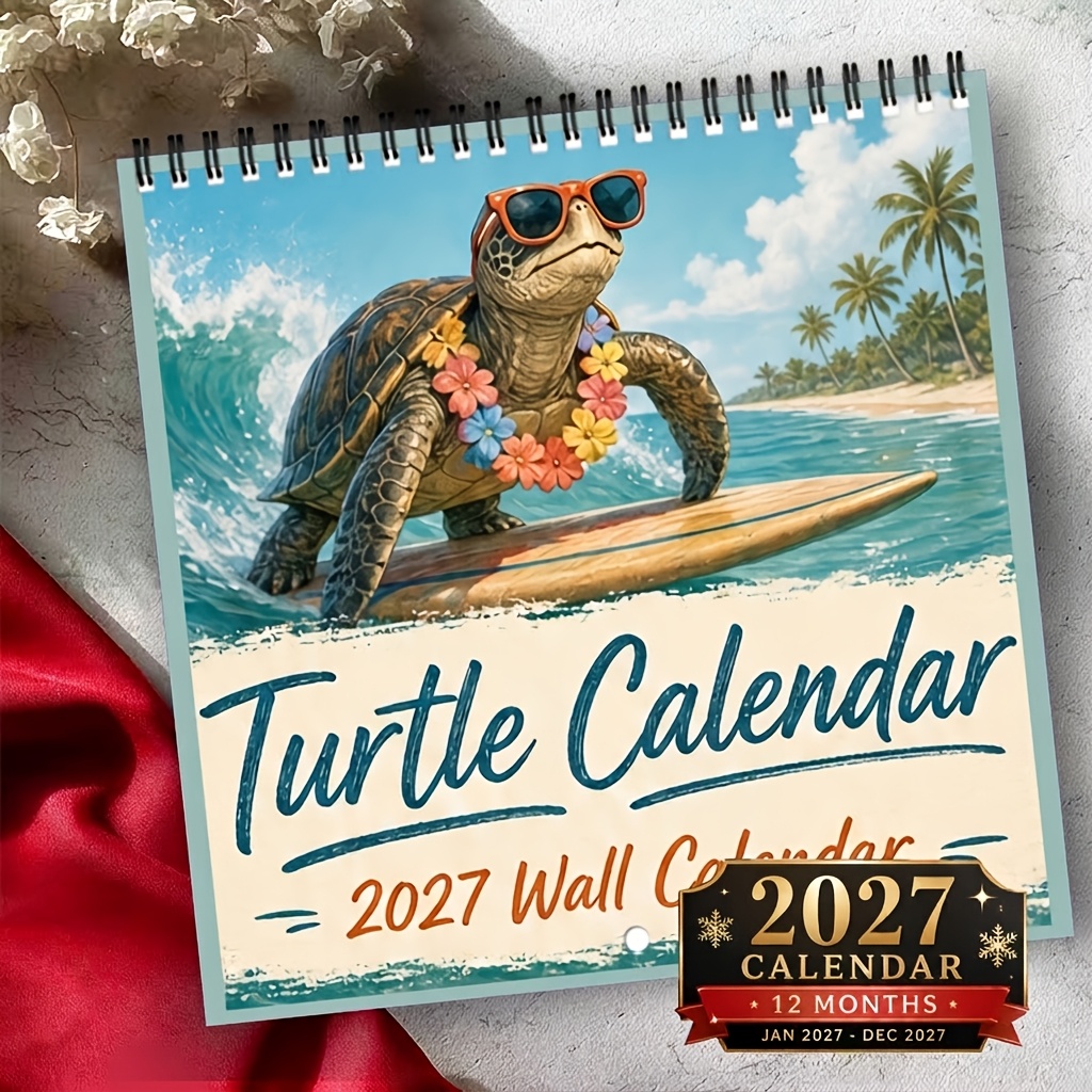TEMU Calendrier 2027, Calendrier 2027 de tortue, Planificateur annuel 12 mois, Calendrier spirale à double ligne à suspendre, Design tortue de surf ,
