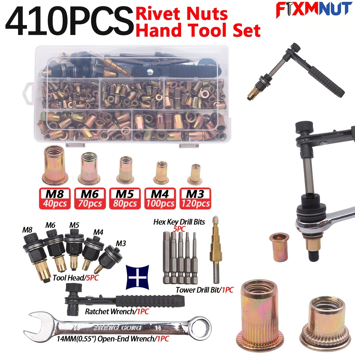 TEMU 410pcs Rivet Nut Tool Set, Upgraded Version With Thicker And Harder Storage Case, Includes 1 Adjustable Wrench, 1 Pagoda Drill Bit, 1 Ratchet