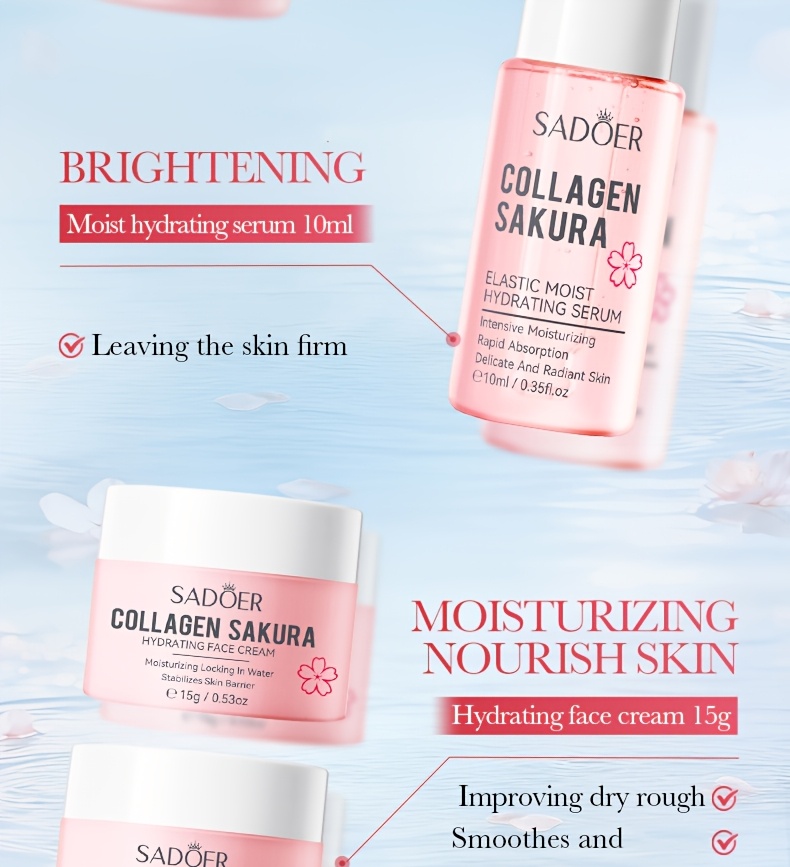 Set de călătorie hidratant cu colagen Sakura, 6 bucăți. Conține demachiant, toner, loțiune, ser, cremă de ochi, cremă de față. Set de îngrijire a pielii feței. Hidratează, netezește, face pielea moale și delicată.