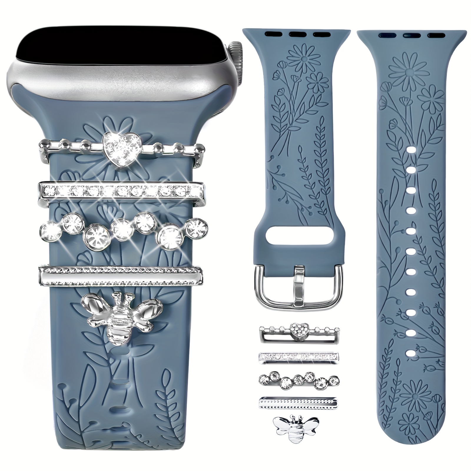 

Floral Engraved Band Compatible With Apple Watch Bands 40mm 38mm 41mm 42mm 44mm 45mm 49mm, Soft Silicone Sport Band & Decorative Rings Accessories For Iwatch Series Se 6 5 4 3 2 1