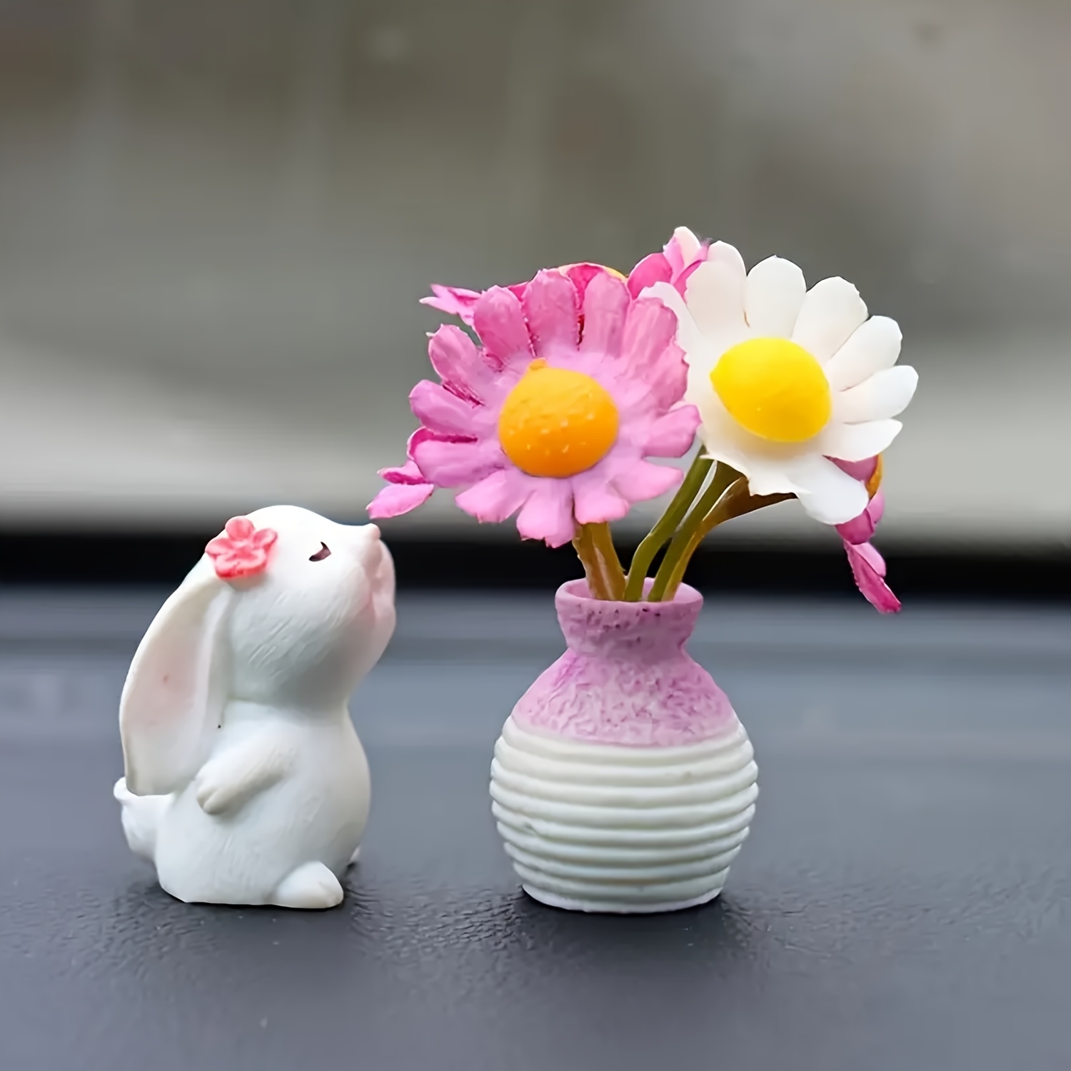 TEMU Car Dashboard Decor - Cute With In Vase, Abs Material, Ideal For Home Or Office Desk Accessory, Rabbit Accessories