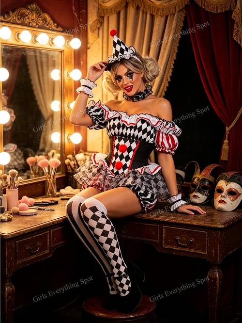 womens off shoulder clown costume set black white red diamond striped dress with mini hat cuffs stockings halloween cosplay outfit for carnival theme