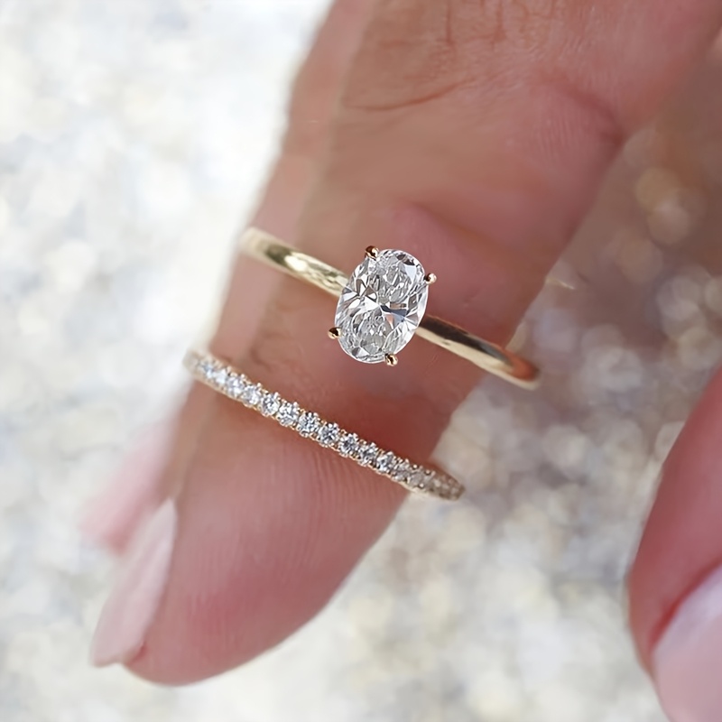 TEMU 2er-Set Goldfarbene Kupfer Oval CZ Verlobungs- & Hochzeitsring, Ringe für Damen, Versprechungsring, Damenmode Schmuck, Zeitloser Eleganter Stil,