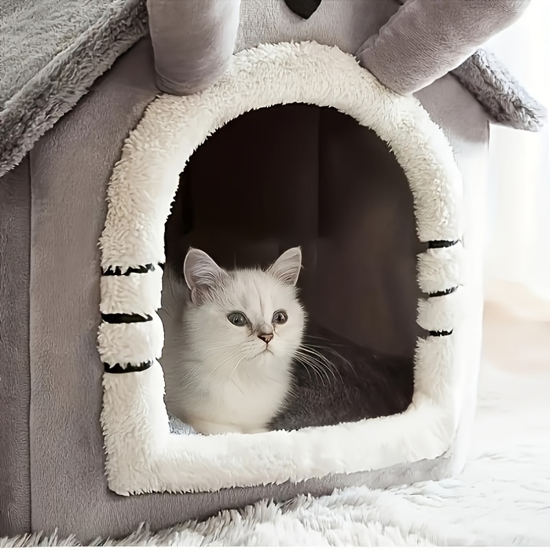 

Cozy Semi-enclosed Cat House - Washable & Foldable Pet Bed With Removable Cushion, Contemporary Style