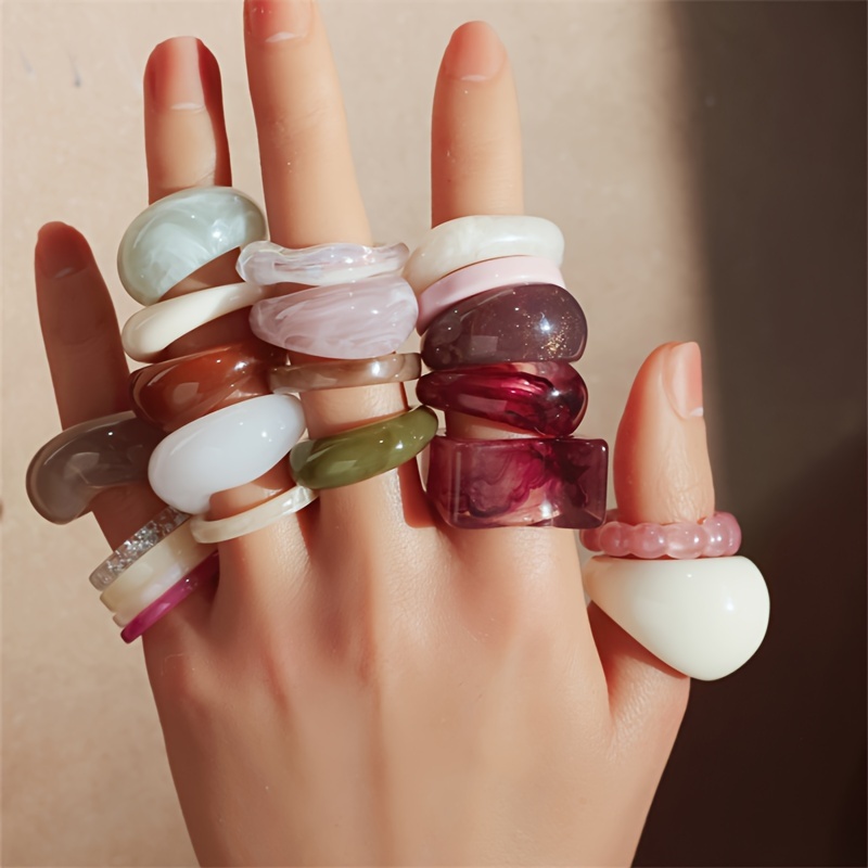 

21-piece Y2k Vintage Acrylic Resin Stackable Rings Set - Twisted Open Cuff Rings For Women, No , For Daily & Vacation Wear, Ideal For Thanksgiving Gift-