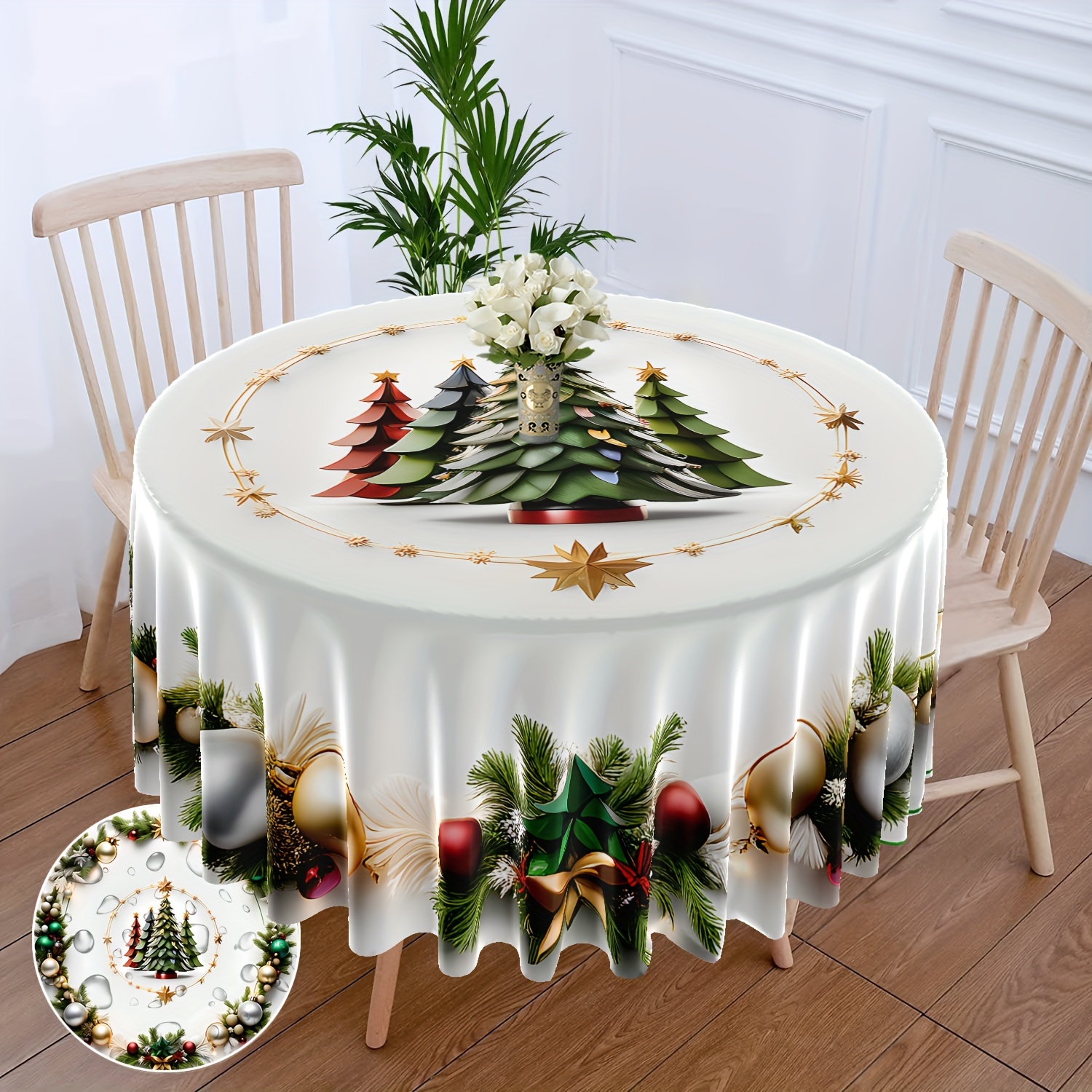 

Noel Charm, & Christmas Tree Round Tablecloth - Waterproof, Ball Pattern For Dining & Outdoor Use, Bbqs, , Parties - 63 Inch Polyester