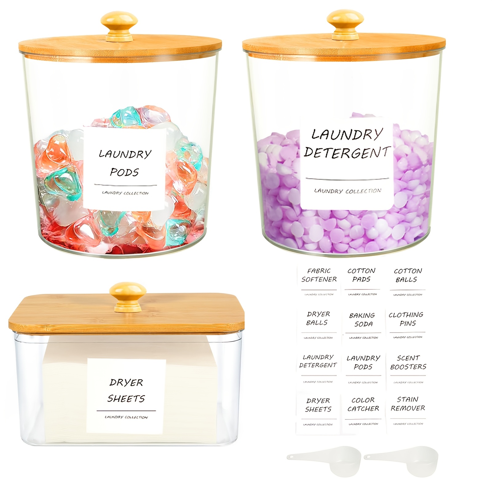 Image of 3 Pack Acrylic Laundry Powder Container & Dryer Sheet Holder With Lids, Labels & Scoops - Laundry Detergent Organizer And Storage Jars For Pods, Beads, Soap, Scent Booster, Canisters