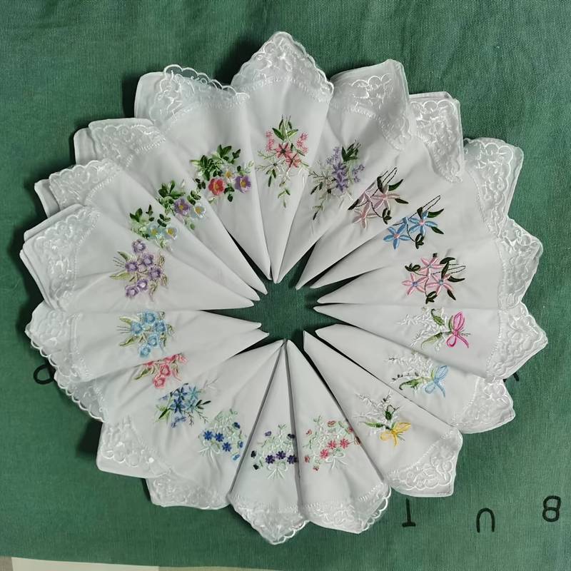 MileyMarla Fazzoletti Donna In Cotone Con Ricamo Fiori E Pizzo - Confezione Da 6, 28x28 Cm