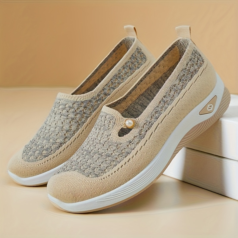 breathable mesh slip on walking shoes for women lightweight soft sole casual sneakers spring   solid color fabric upper inner pvc sole Product details 3