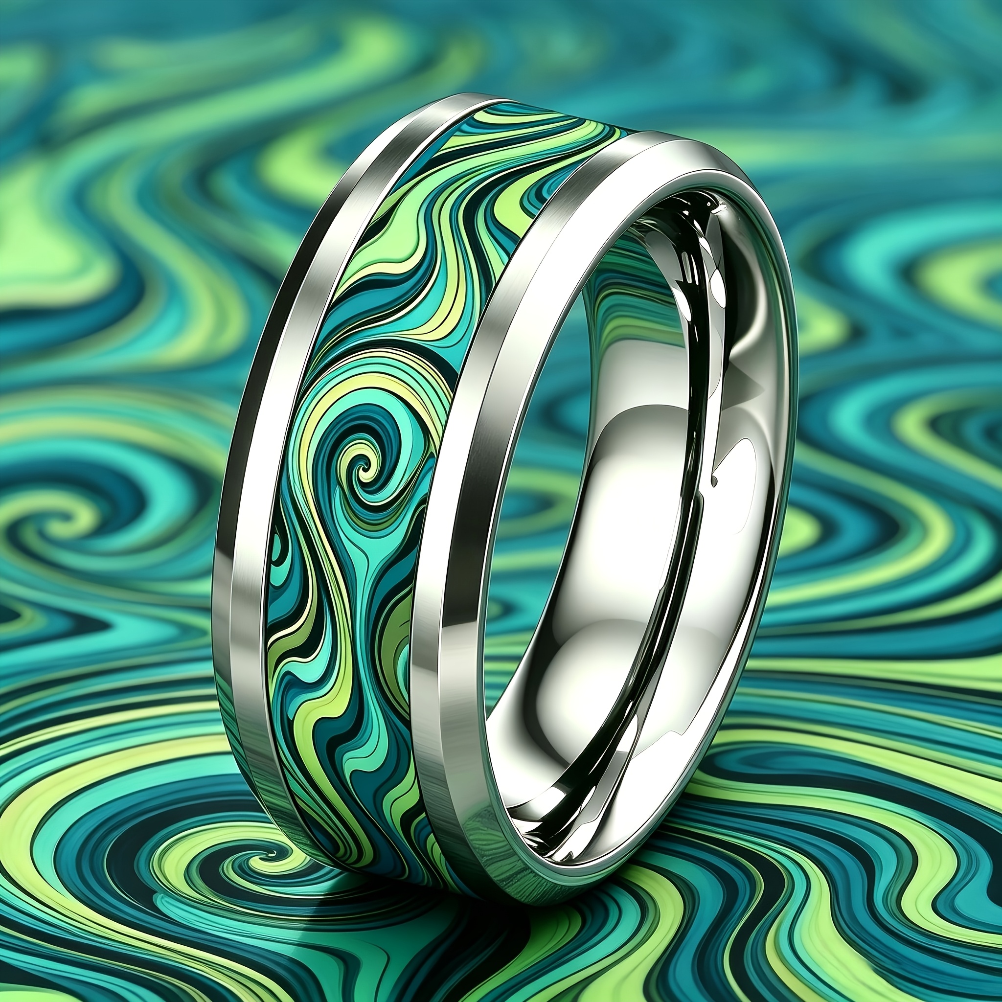 Mori Style Green Toned Vortex Ripple Stainless Steel Ring