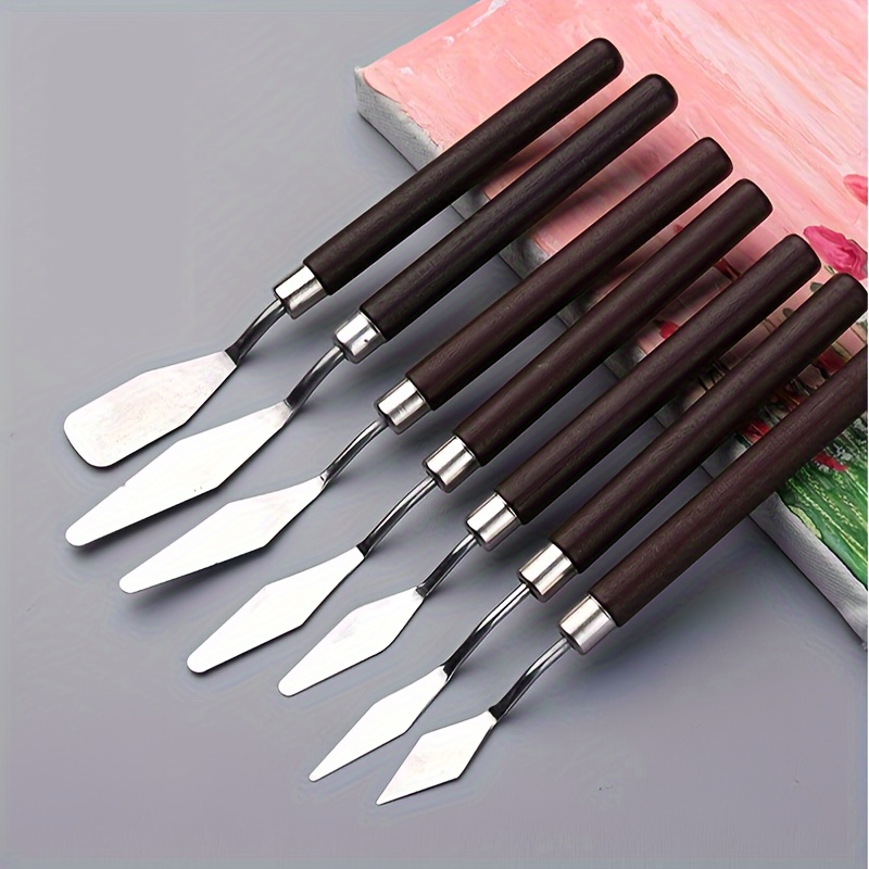 

7pcs Stainless Steel Palette Knives Set With Wooden Handles For Oil Painting, Gouache, And Art Color Mixing