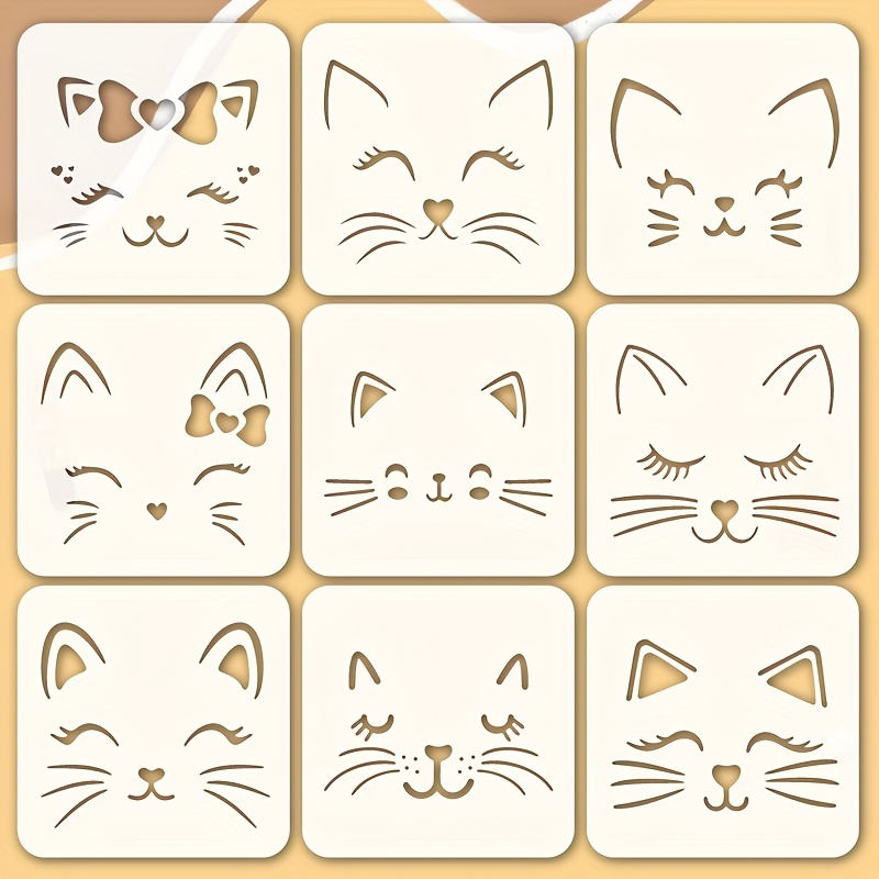 E-shop 9-teiliges Katzen-Gesicht Schablonen-Set mit Fliege und Herz-Mustern - Wiederverwendbare Tier-Themen-Vorlagen für Basteln, Scrapbooking, Malen,