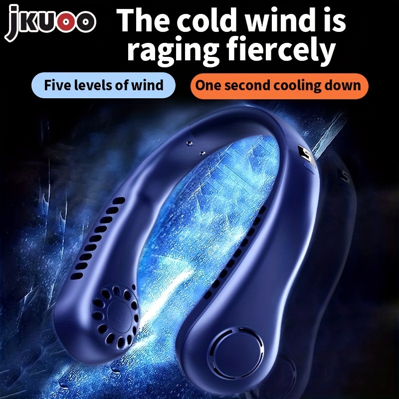 jkuoo portable neck fan with 5 speed   usb rechargeable   silicone handle indoor outdoor use plastic material button control built in lithium battery essential cooling device for home   sports details 8