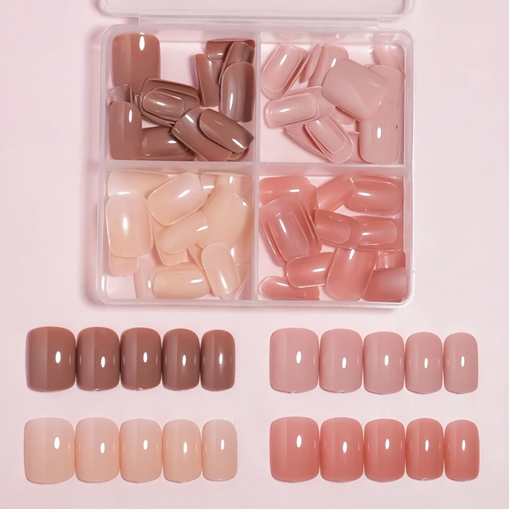 TEMU 96pcs (dark Nude/nude/cream/shrimp Pink) Short Square Press On Nails - Acrylic Full Cover Fake Nails With Glossy Finish, Easy Application &