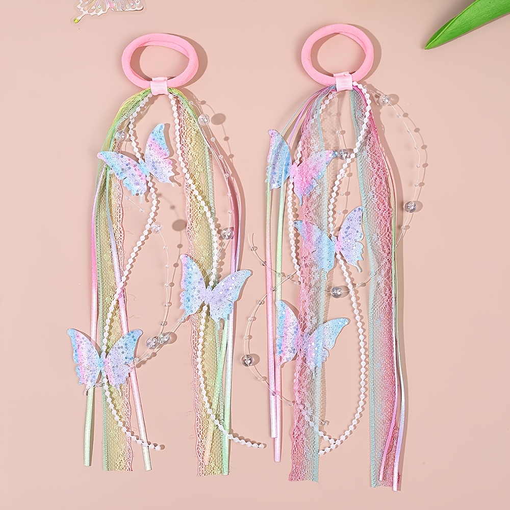 TEMU 2pcs Glitter Hair For Women Mini Glitter With Long Tassels Decor Hair Ties Hair Additions For Daily Life