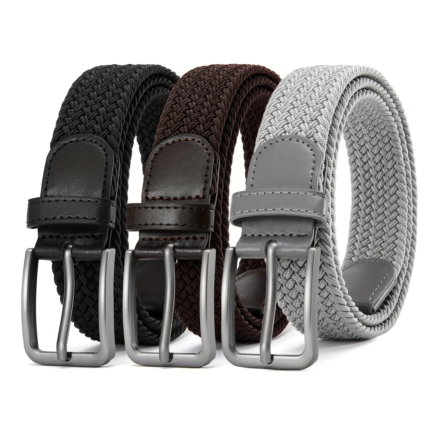 Men's 3pcs Braided Stretch Belts with Elastic Woven Design