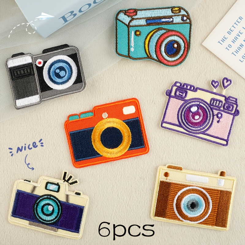 TEMU 6pcs Mixed Color Camera Pattern Diy Embroidered Iron-on Patches, Fun Casual Cartoon Anime Fashion Elegant Style, Hot Melt Adhesive Iron-on Type,