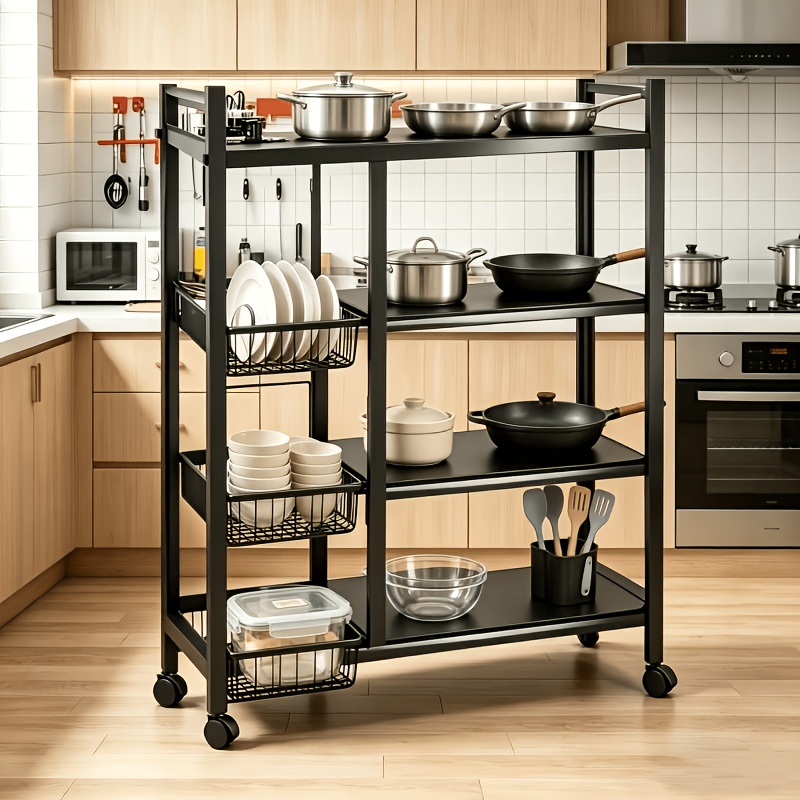 TEMU Office Storage And Organization Cart, 1pc Movable Storage Rack, Adjustable Kitchen Shelf With Wire Baskets, Kitchen Organizer And Storage, Metal