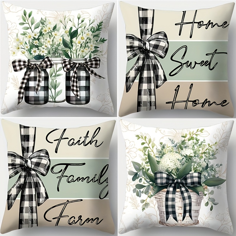 TEMU 4pcs, Spring Themed Pillowcase With Checkered Bow And Floral Blue Pattern, Warm And Comfortable, Beautiful And Practical, 17.72 Inches, Suitable
