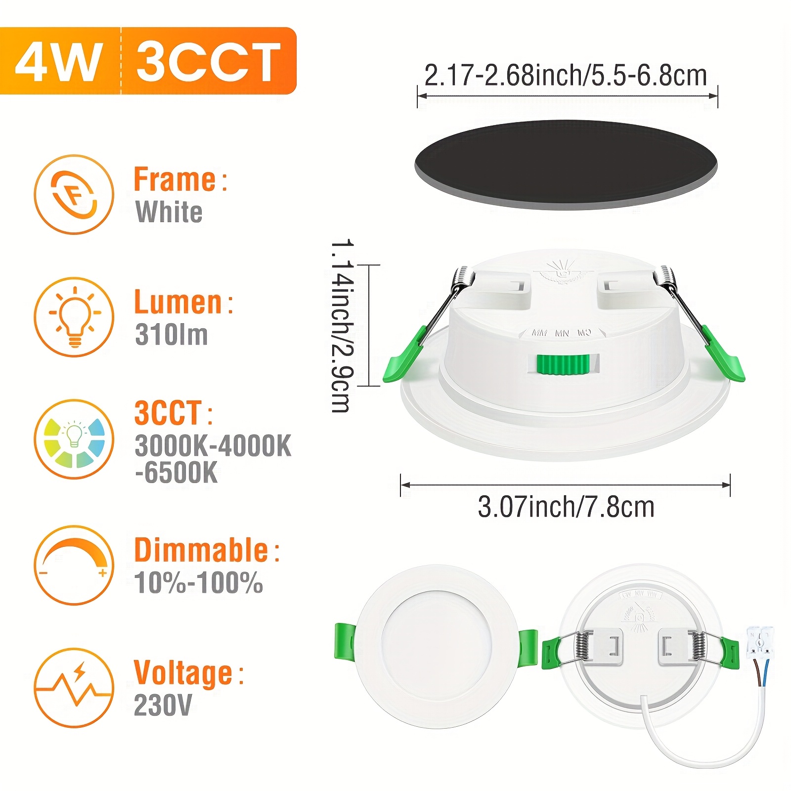 E-shop 6er-Pack ALUSSO Einbauleuchten mit LED-Spot, 55-68 mm Aussparung, dimmbar, 4 W, 230 V, 260-310 Lm, Warmweiß 3.000 K/Neutralweiß 4.000 K/Kaltweiß