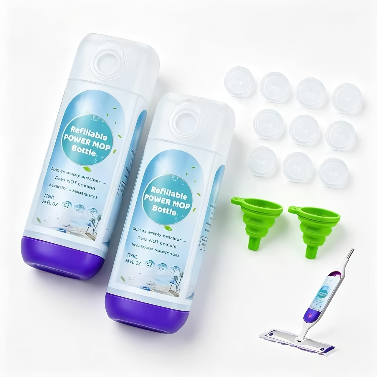 TEMU 2 Refillable Mop Bottles For Power Mop, 26 Fl Oz Leak Proof Hdpe Solution Container, With 10 Gaskets And 2 Folding Funnels