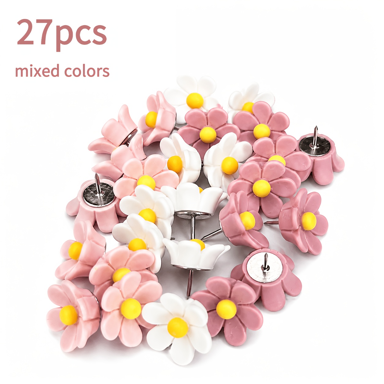 TEMU 27pcs Color Mixing Floral Push Pin Set - Resin Thumbtacks With Color-coded Flowers - Bulletin And Cork Boards - Decorative And Practical Office