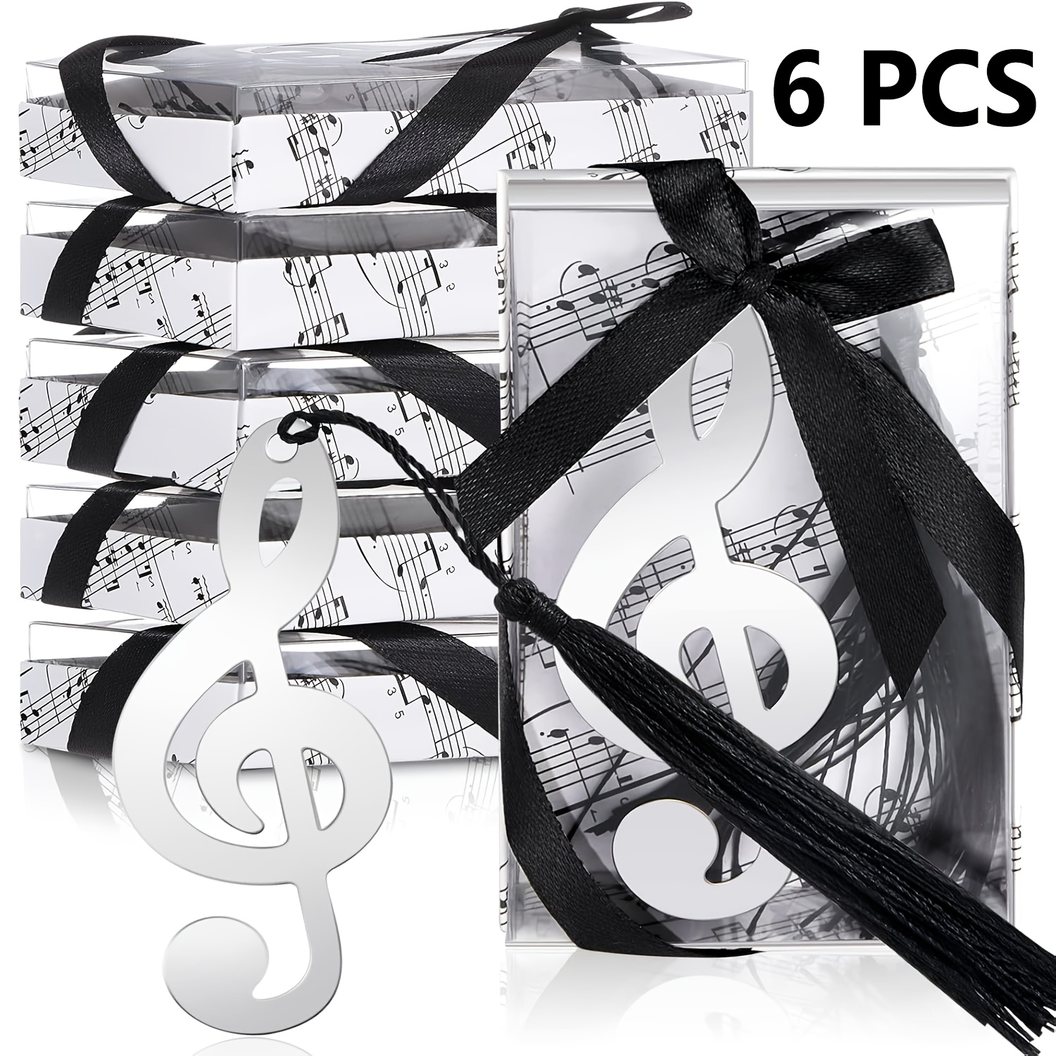 Temu 6Pcs Elegant Metal Musical Note Bookmarks With Black Tassels & Gift Box - Durable Pp Material, Treble Clef Design For Wedding Favors, Birthday-image