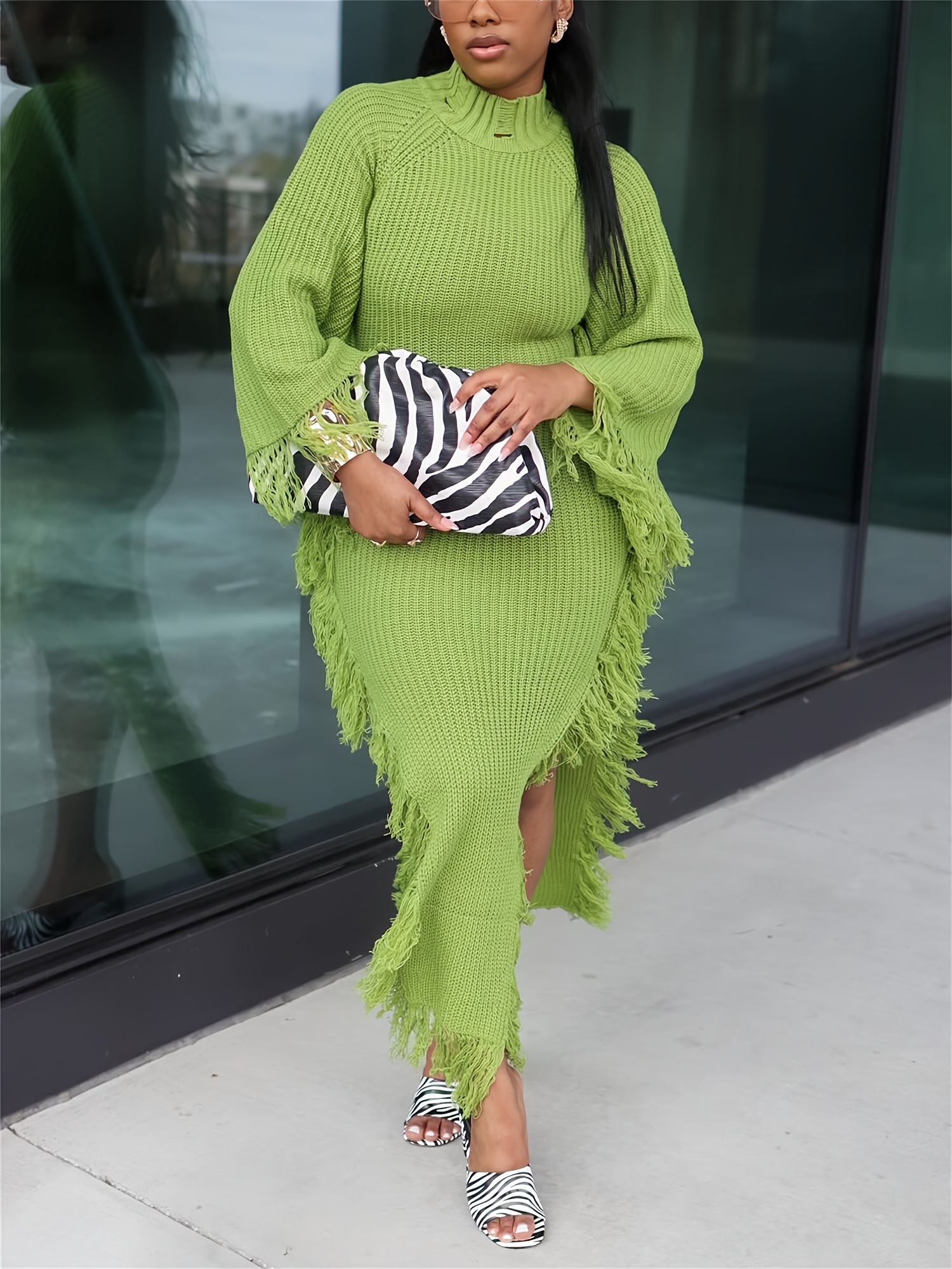 gifts fringe trim sweater dress women batwing long sleeve - Temu