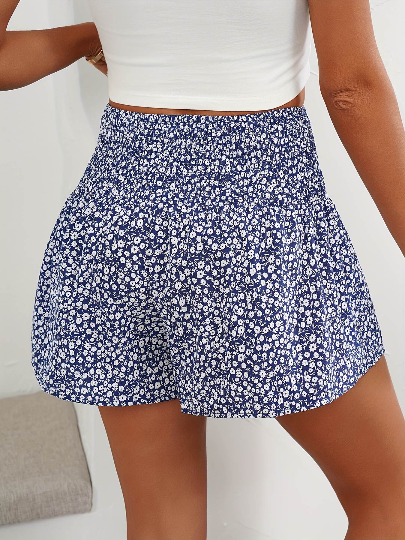 Women's High-Waisted Floral Print Shorts - Black & White Ditsy Pattern, Ruffled Hem, Stretchy & Comfortable Summer Fashion, Hand Wash Only, High Waisted Shorts