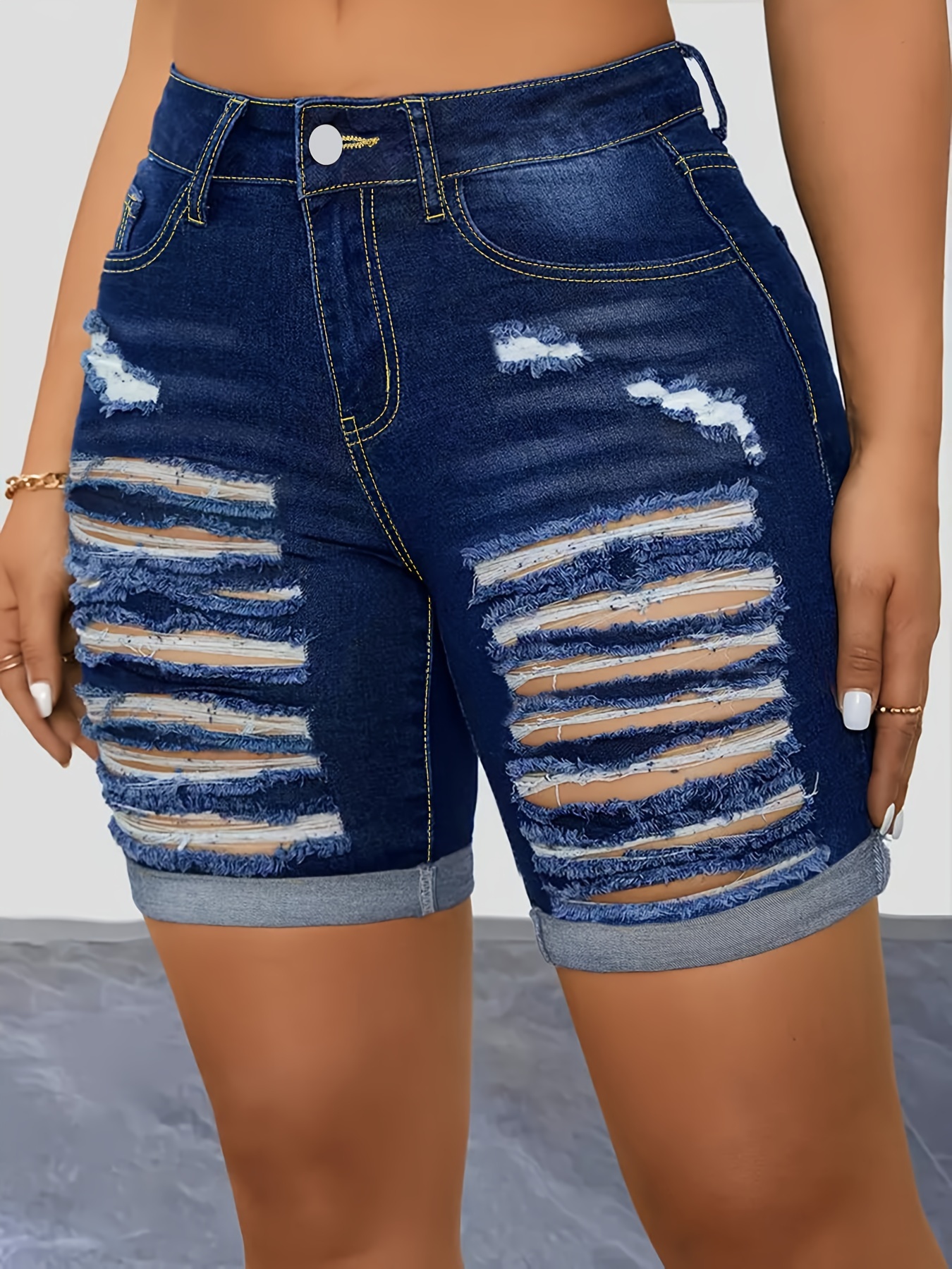 shorts in denim lavato strappati arrotolato e Temu Italy