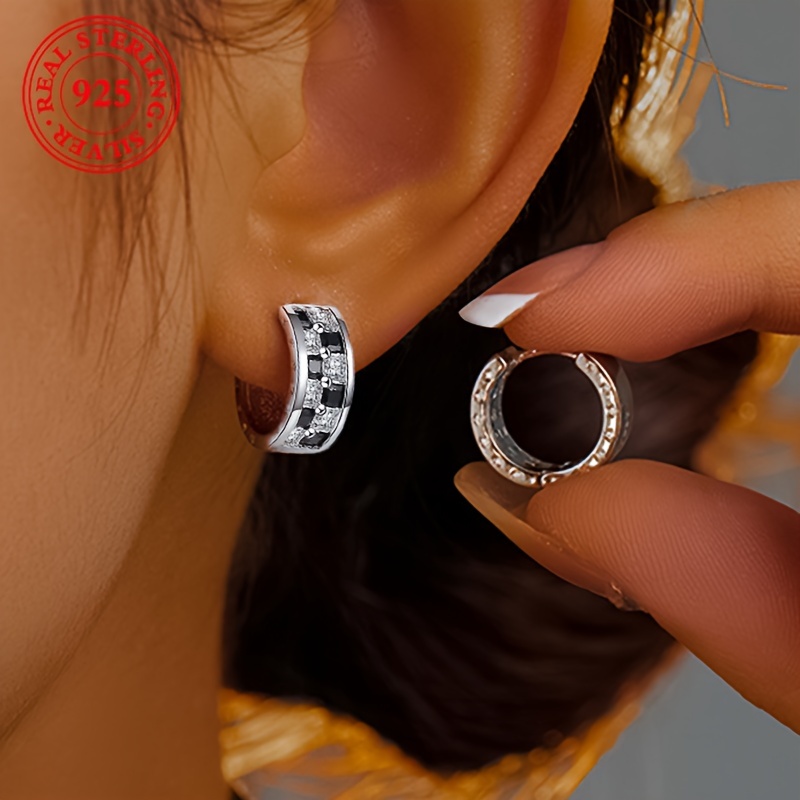 

S925 Sterling Silver Vintage Style Hoop Earrings, Black And White Checkered Zirconia Decor Hoop Earrings, Chessboard Fashionable And Elegant Women's Earrings Jewelry 4g/0.141oz