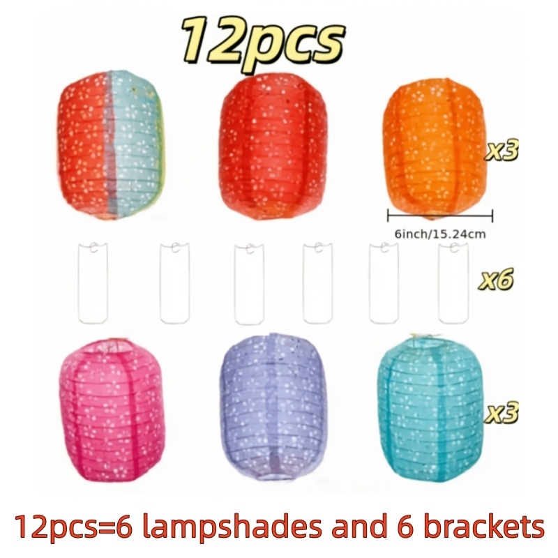 TEMU 12pcs Hollow Out Flower Long Paper Lantern Set, 6 Lanterns With 6 Bases, Multicolor Splicing Foldable Hanging Paper Lanterns, Chinese Hanging